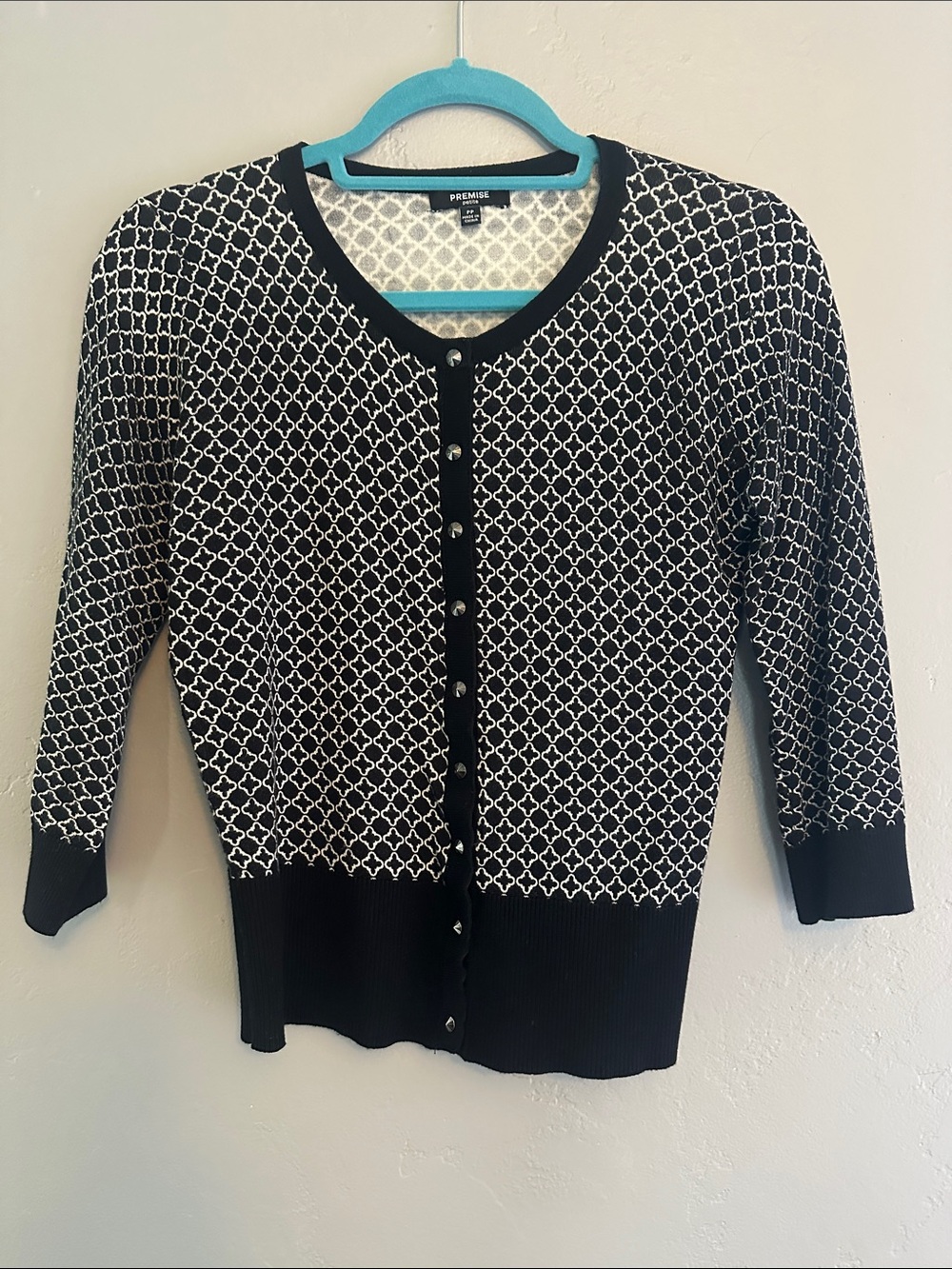 Premise Black and White Geometric Button-Front Cardigan Sweater